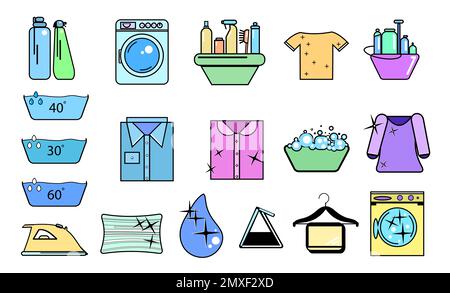 Illustrazione di diversi simboli di bucato su sfondo bianco Foto Stock