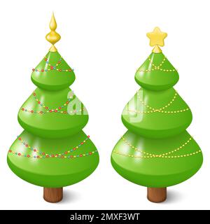 Set di 3D realistici alberi di Natale con una stella dorata, corona e ghirlande isolate su sfondo bianco. Elementi di vacanza per il design. Oggetto nel too Illustrazione Vettoriale