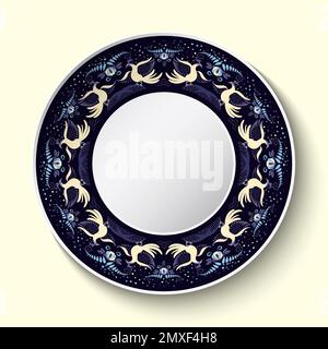 Vista dall'alto della lastra di ceramica blu scuro con ornamento di uccelli e fiori dipinti sul bordo. Piatto da tavola isolato su sfondo chiaro. Classico stilizzato Illustrazione Vettoriale