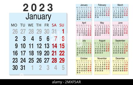 Griglia del calendario per il 2023 in inglese. La settimana inizia il lunedì. Moduli trimestrali colorati. Modello calendario da parete in stile minimalista. Vettore illustrati Illustrazione Vettoriale