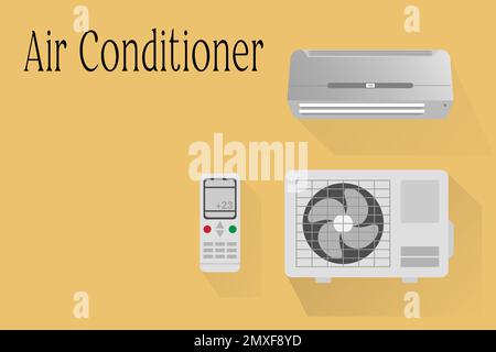 Illustrazione vettoriale insieme di diversi condizionatori d'aria, unità interne ed esterne. Stile piatto. Illustrazione Vettoriale