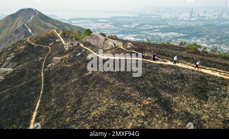 Segui il fuoco di montagna in caso di clima secco al sentiero Kai Kung Leng nel Lam Tsuen Country Park, Yuen Long, un giorno dopo un grave incendio in collina che ha colpito la catena montuosa di 585 metri. 26JAN23. SCMP/Dickson Lee Foto Stock