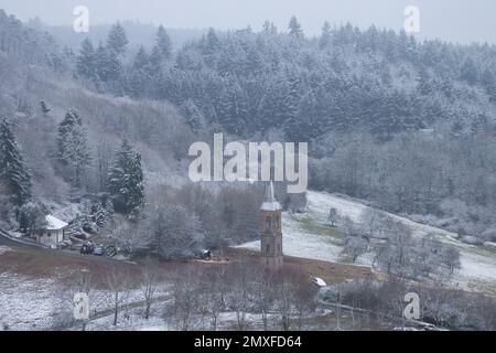 Falkenstein, Germania - 31 gennaio 2021: Torre in un campo con pecore su una neve, nebbia, fredda giornata invernale vicino Falkenstein in Renania Palatinato, Ger Foto Stock