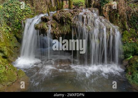 L'acqua scorre sulla roccia di tufo e fa una piccola cascata sul fiume una nel parco nazionale una vicino a Martin Brod Foto Stock
