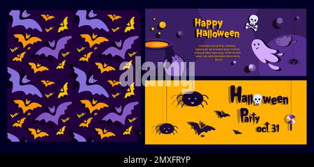 Halloween Bright Set di biglietti d'auguri e senza cuciture modello infinito con Bats.Illustration, fantasmi divertenti, Bat e Spiders.FESTEGGIA Halloween Foto Stock