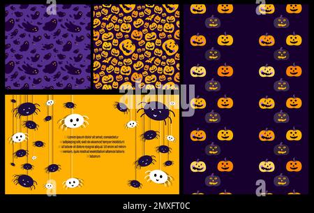 Halloween Bright Set di biglietto d'auguri, senza cuciture infinite patterns.Creative Illustrazione, ragni divertenti, fantasmi, zucche. Festeggia il giorno di tutti i Santi Foto Stock