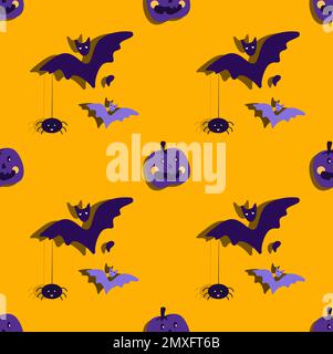 Halloween festive senza cuciture Pattern.Endless sfondo arancione brillante con pipistrelli carini divertenti, zucche, ragni.All Saints Day Banner.Bright Greeting Card.H. Foto Stock