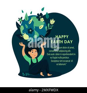 Happy Earth Day International Holiday.Smiling Boy bambino Holding pianeta Globe, cura, Amore, Support.Saving natura verde sana, energia, Ecologia di sostegno Foto Stock