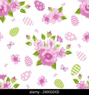 Carino disegno a mano di Pasqua senza cuciture modello con fiori e uova, sfondo bello, grande per le carte di Pasqua Illustrazione Vettoriale