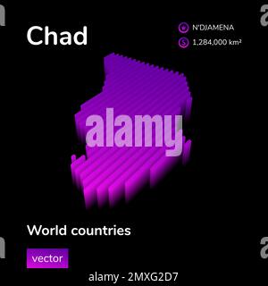 Mappa vettoriale isometrica 3D stilizzata del Ciad in colori viola al neon e rosa su sfondo nero Illustrazione Vettoriale