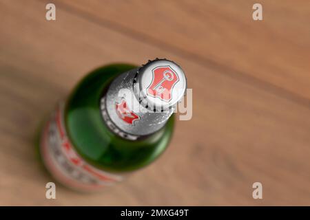 CHISINAU, MOLDOVA - 3 FEBBRAIO 2023: Bottiglia di birra Becks su sfondo di legno. La birreria Becks è stata fondata nel 1873 a Brema, in Germania. Concetto sfocato Foto Stock