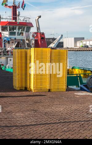 gabbie vuote di plastica di pesce gialle accumulate sulla banchina Foto Stock