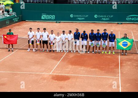 Florianopolis, Santa Catarina, Brasile. 3rd Feb, 2023. (SPO) Coppa Davis tra Brasile e Cina. Febbraio 03, 2023, Florianopolis, Santa Catarina, Brasile: Preparativi per l'inizio della Coppa Davis tra Brasile e Cina a Costao do Santinho, a Florianopolis (SC) Venerdì (03) dove si terranno due partite singole.Credit: LECO Viana/Thenews2 (Credit Image: © Leco Viana/TheNEWS2 via ZUMA Press Wire) SOLO USO EDITORIALE! Non per USO commerciale! Credit: ZUMA Press, Inc./Alamy Live News Foto Stock