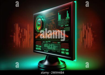 Un display nero con grafici a bastone di candela di stock. Il trading è esemplificato e i cambiamenti dei mercati finanziari sono mostrati visivamente con il rosso e. Foto Stock