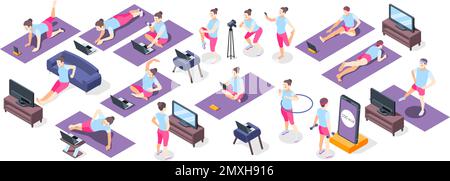 Fitness online icone isometriche insieme di persone con l'inventario dello sport facendo esercizi fisici utilizzati TV o laptop vettore illustrazione Illustrazione Vettoriale