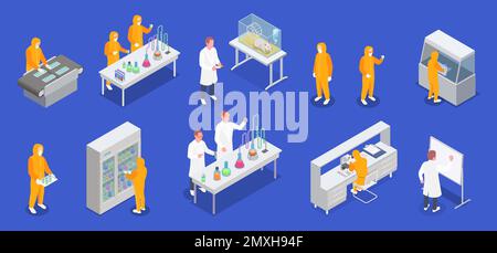 Produzione farmaceutica Set isometrico di icone di apparecchiature da laboratorio e caratteri umani di scienziati in biohazard si adatta a illustrazione vettoriale Illustrazione Vettoriale