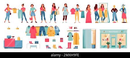 Donne in negozio di abbigliamento set con spogliatoi piatto isolato illustrazione vettore Illustrazione Vettoriale