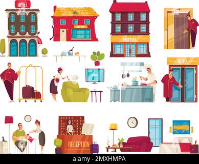 L'hotel dispone di un complesso di edifici cittadini, servizio di ricevimento, portiere, cameriera, personaggi, campanili, illustrazioni vettoriali isolate Illustrazione Vettoriale