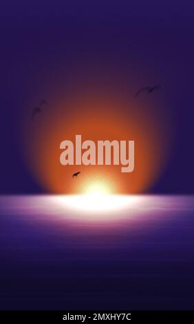 Mattina presto, alba sul mare, cielo azzurro chiaro, silhouette di uccelli, poster verticale astratto Foto Stock