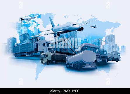 Concetto logistico. Esposizione multipla di diversi trasporti e mappa del mondo, di colore blu Foto Stock