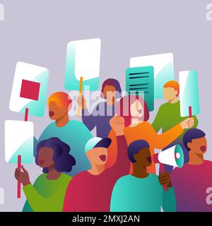 Diverse persone in dimostrazione. Uomo e donna protestano tenendo il megafono e il cartello. Protestare contro persone in riunione politica, sfilata o raduno. Illustrazione piatta vettoriale. Illustrazione Vettoriale