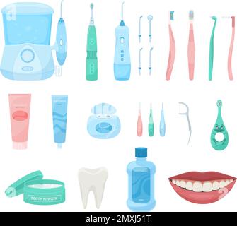 Igiene dentale serie piatta di icone isolate con prodotti per la cura orale dentisti strumenti e bocca sorridente vettore illustrazione Illustrazione Vettoriale