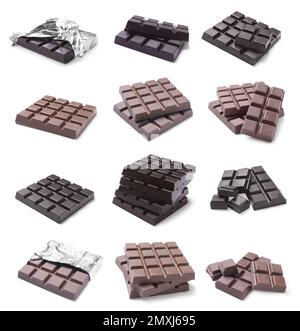 Set con diverse barre di cioccolato su sfondo bianco Foto Stock