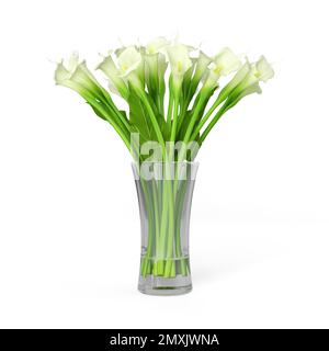 Una resa 3D di un bouquet di gigli di calla bianchi isolati su uno sfondo bianco Foto Stock