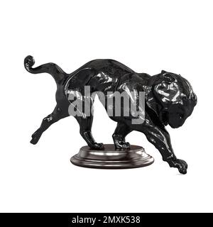 Una rappresentazione del 3D di una statua nera di pantera lucida isolata su uno sfondo bianco Foto Stock