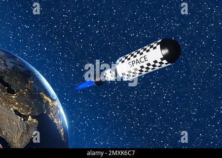 Navetta spaziale che parte dalla Terra allo spazio esterno su sfondo notte stellato blu. Esplorazione spaziale, astronomia e sviluppo satellitare Foto Stock