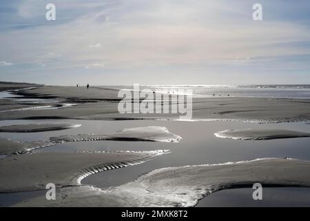 Camminatori sulla spiaggia con bassa marea con piscine di marea, Isola Juist, bassa Sassonia Mare di Wadden, Mare del Nord, Frisia Est, bassa Sassonia, Germania, Europa Foto Stock