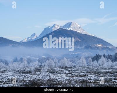 Paesaggio invernale, Pürgschachen Moor in inverno, vette innevate di montagna nel Gesäuse, Ardning, Stiria, Austria, Europa Foto Stock