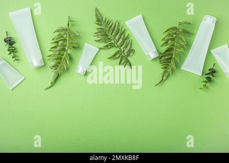 Set di bottiglie di prodotti cosmetici biologici per la cura della pelle e contenitori cosmetici bianchi opachi con foglie di pianta eucalipto su fondo verde pulito fr Foto Stock