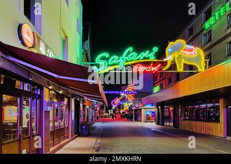 Neon pubblicità per la vita notturna in via Große Freiheit, una strada laterale per la Reeperbahn, St Pauli, Amburgo, Germania, Europa Foto Stock