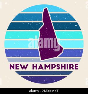 Logo New Hampshire. Firma con la mappa di noi stato e strisce colorate, illustrazione vettoriale. Può essere utilizzato come insegna, logotipo, etichetta, adesivo o badge Illustrazione Vettoriale
