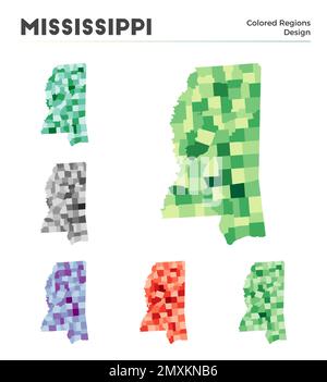 Collezione di mappe del Mississippi. Confini del Mississippi per la vostra infografica. Regioni a colori degli Stati Uniti. Illustrazione vettoriale. Illustrazione Vettoriale