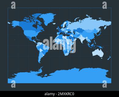 Mappa del mondo. Proiezione cilindrica Miller. Illustrazione futuristica del mondo per la vostra infografica. Bella tavolozza di colori blu. Interessante illustrazione vettoriale. Illustrazione Vettoriale