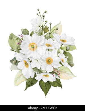 Composizione acquerello con fiore bianco. Bouquet di anemoni fiori e foglie adatto per matrimoni, San Valentino, o biglietti d'auguri. Bo Illustrazione Vettoriale