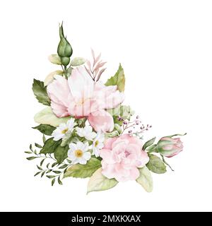 Acquerelli con fiori di rosa. Bouquet di rosa rosa, fiori bianchi e foglie composizione per matrimoni, San Valentino o biglietti d'auguri. Botan Illustrazione Vettoriale