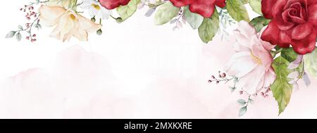 Astratto watercolor arte banner disegno sfondo con rose rosse fiori bouquet su macchie rosa. Adatto per la decorazione di San Valentino, striscioni, Illustrazione Vettoriale