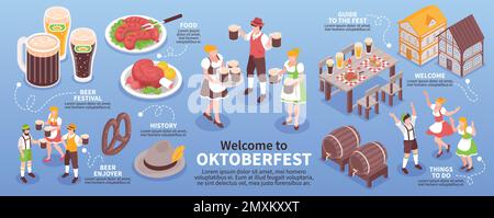 Infografica isometrica dell'Oktoberfest con illustrazione vettoriale tradizionale tedesca di birra e cibo Illustrazione Vettoriale