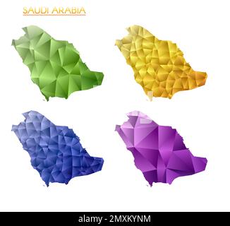 Insieme di mappe poligonali vettoriali dell'Arabia Saudita. Mappa a gradiente luminoso del paese in stile poly basso. Mappa multicolore dell'Arabia Saudita in stile geometrico per y Illustrazione Vettoriale