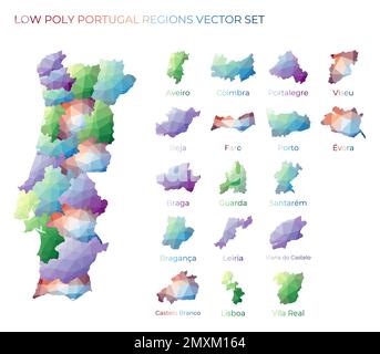 Regioni portoghesi a bassa poly. Mappa poligonale del Portogallo con regioni. Mappe geometriche per il progetto. Sorprendente illustrazione vettoriale. Illustrazione Vettoriale