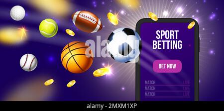 Poster scommesse sportive realistiche sport titolo scommesse sportive sullo schermo dello smartphone e scommetti ora pulsante vettore illustrazione Illustrazione Vettoriale