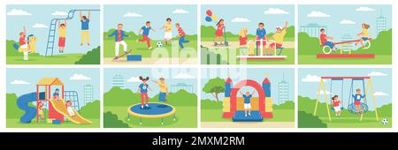 Giochi per bambini icona a colori Set bambini correre, strisciare intorno al parco giochi giro la giostra altalene e saltare sul trampolino vettore illustrazione Illustrazione Vettoriale