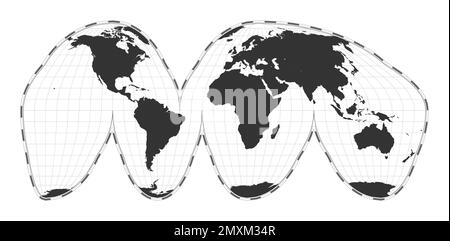Mappa vettoriale del mondo. Goode ha interrotto la proiezione dell'omolosina. Mappa geografica del mondo pianeggiante con linee di latitudine e longitudine. Illustrazione Vettoriale