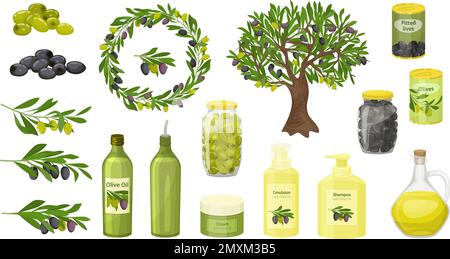 Olive piatto insieme di icone isolate con foglie mature alberi in scatola di olive bottiglie di olio e albero vettore illustrazione Illustrazione Vettoriale