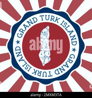 Distintivo Grand Turk Island. Logo rotondo dell'isola con mappa a maglia triangolare e raggi radiali. Vettore EPS10. Illustrazione Vettoriale