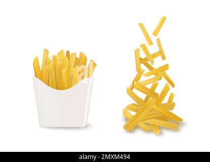 Patate fritte realistiche serie di immagini isolate con patatine fritte che cadono e confezionate in una tazza di cartone vettoriale illustrazione Illustrazione Vettoriale