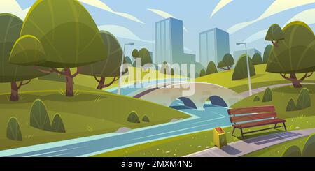 Cartoon paesaggio del parco cittadino con ponte sul fiume panca vuota e gli edifici in background vettoriale illustrazione Illustrazione Vettoriale